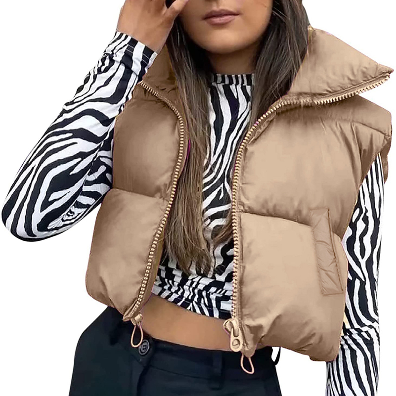 Fall Winter Warm Cropped Vest Jackets for Women Fashion Sleeveless Stand Collar Zip Up Puffer Waistcoat Street Style Outwear 250828