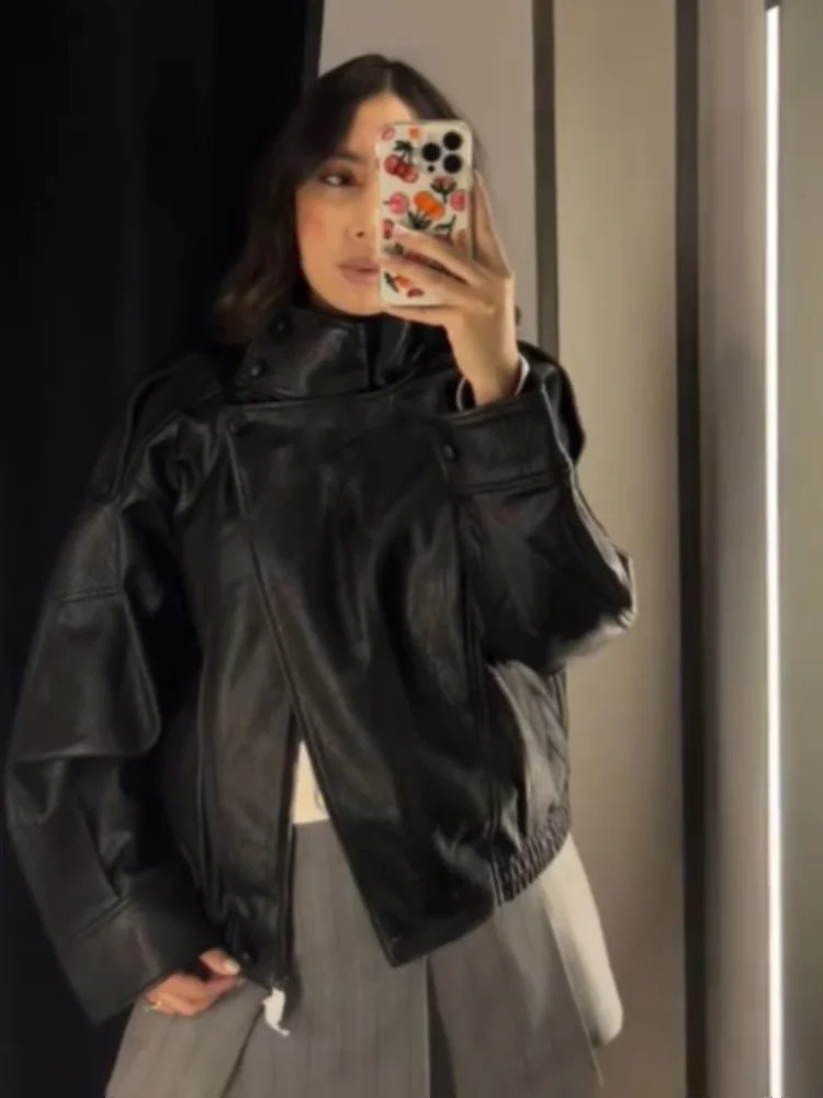 PU Leather Women Bomber Jacket For Women Motorcycle Stand Button Zipper Oversized Outerwear 2025 Autumn Lady Street Jackets 250828