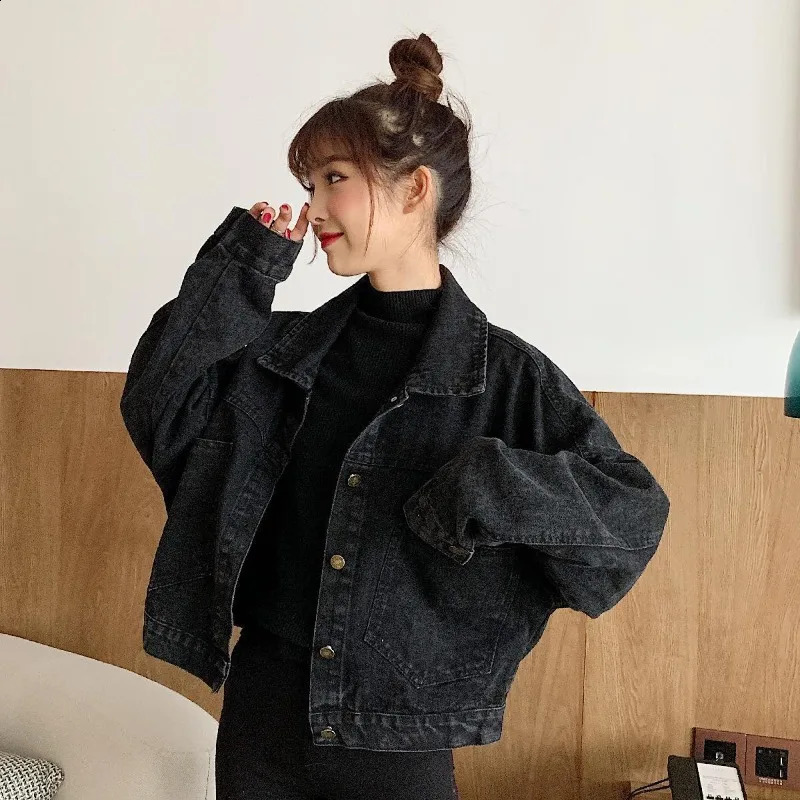 Black Denim Jacket Women Autumn Korean Outerwear Loose Short Korean Long Sleeve Versatile Top Ins Trendy Coat Female 250828