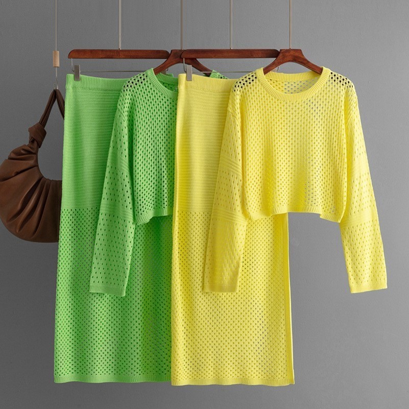 Womens Spring Summer Knitted Hollow Pullover Fashion Dress TwoPiece Set Elegant Outfit with LongSleeved Top And Skirt 250828