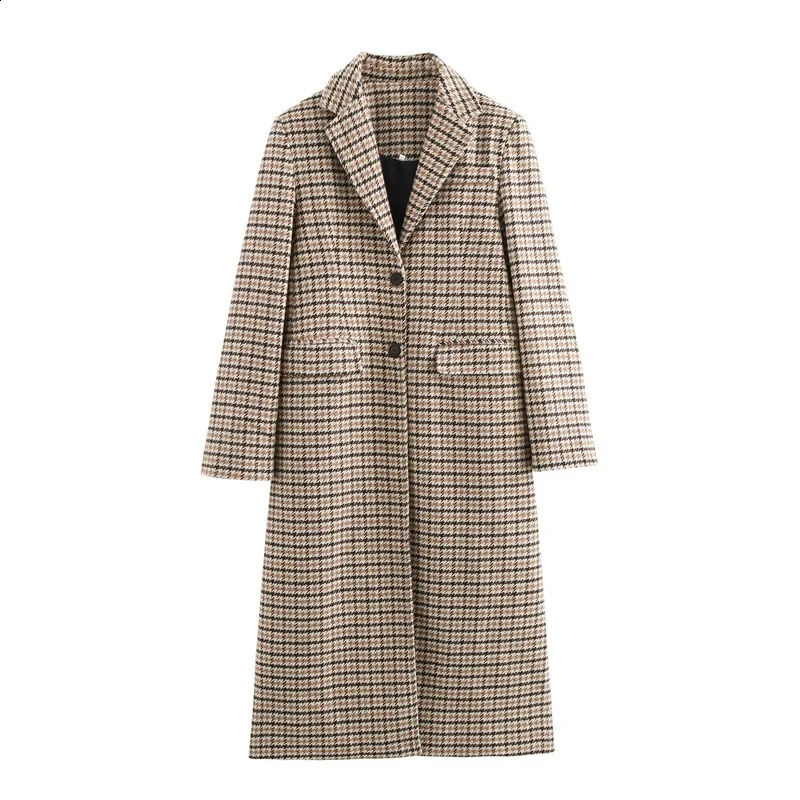 Trendy Long Plaid Woolen Coat for Women Collared Independent Station Model SAW Fashionable Outerwear from Mainland China250828