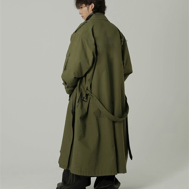 Mauroicardi Spring Autumn Cool Long Army Green Oversized Overcoat Men Sashes Loose Clothing Cargo Coat 250828