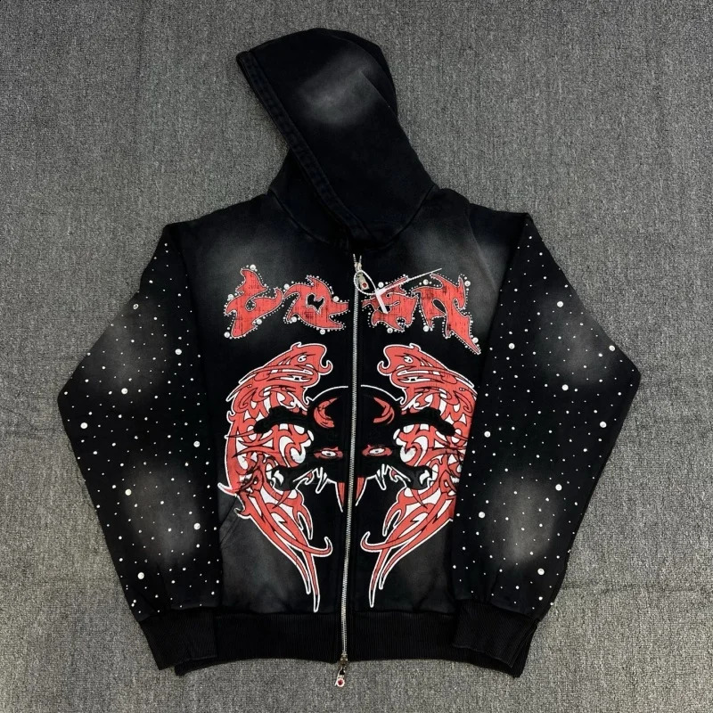 Lost Intricacy Zipper Hoodie Diamond Wash Vintage n Men Casual Oversized Hooded Sweatshirt 250828
