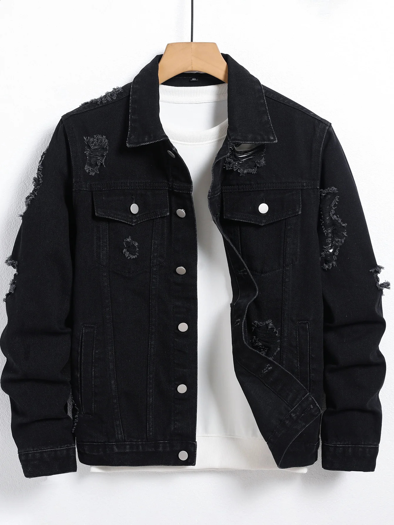 Mens Denim Jacket Black Regular Street Fashion with Rips Suitable for Daily Casual Outings 250828