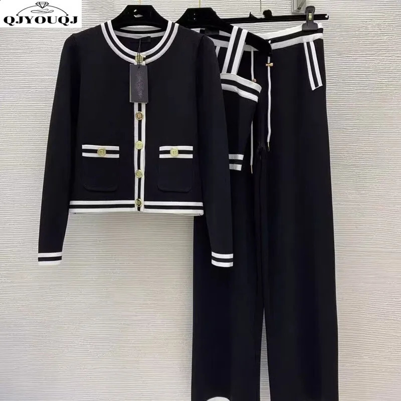 French style small fragrant style slim fit knitted cardigan sweaterfashionable suspendercasual wide leg pants three piece set 250828