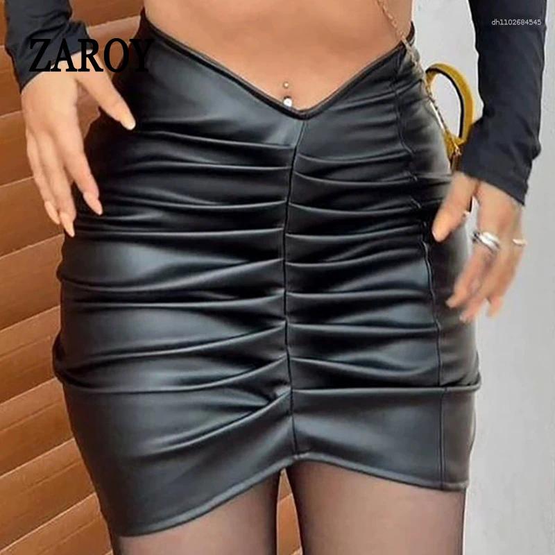 Skirts ZAROY Fold PU Leather Mini Women Gothic High Waist Slim Fit Black Pencil Skirt Sexy Wrapped Hip Club Sheath Short