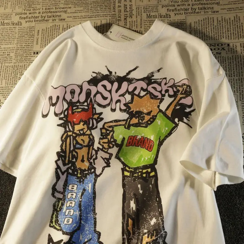 Fashionable American street cartoon printed T shirt men and women summer y2k street hip hop loose cotton half sleeved top 250828