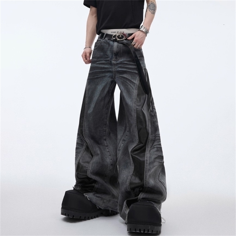 Mens Jeans Pu Leather Stitching Whisker Washed Wilderness Style Casual Pants Streetwear Fashion Personality Trousers MenS Wear250828