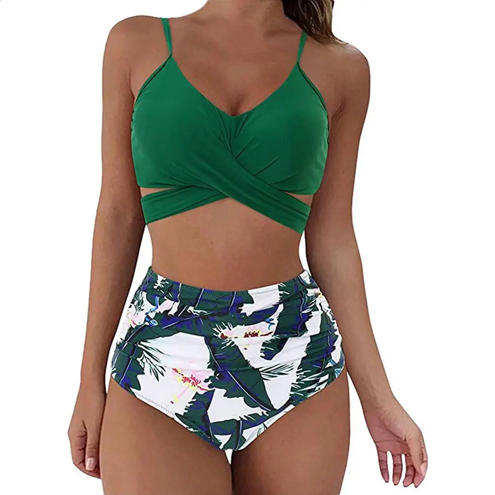 12 Colors Women Slim Bikini Sets High Waisted Sexy Swimwear 2 Pieces Solid/Floral Ruched Brazilian Swimsuit Cross Front 250828