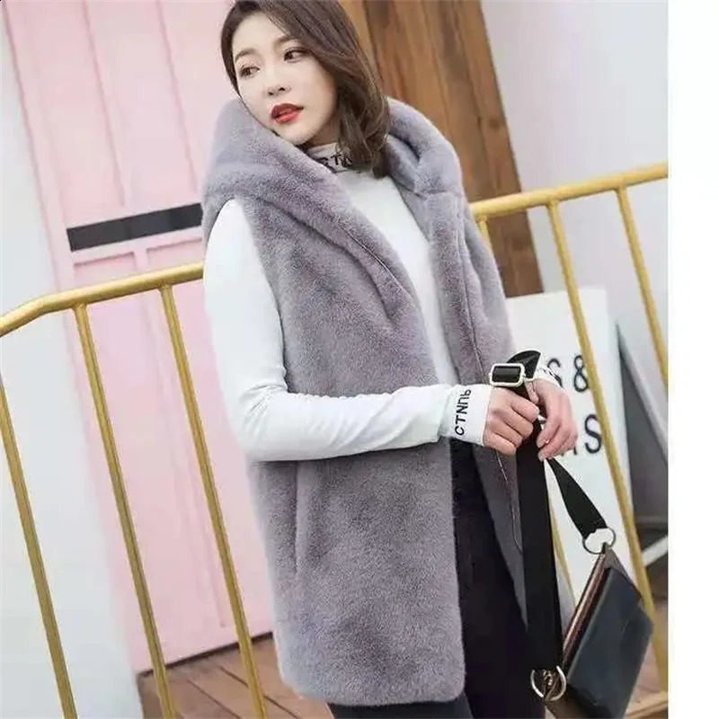 Hooded Vest Coat Womens Long 2025 Autumn Winter Fur Rex Rabbit Fur Sleeveless Jacket Fashion Waistcoat Top Female 250828