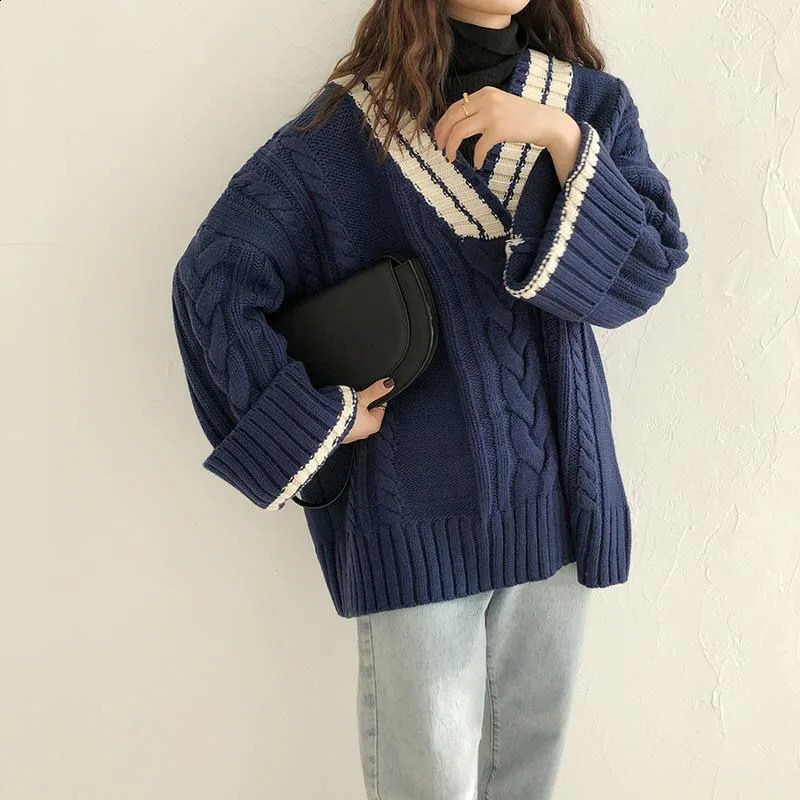 Autumn/winter Vneck Sweater Korean Loose Knit Fried Dough Twists Sweater Retro Casual Loose Pullover College Style Womens Top 250828