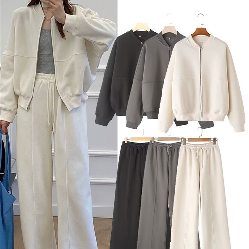 TRAFZA Womens 2piece Retro Solid Color Zipper Bomber Jacket Sweatshirt Highwaisted Laceup Womens Loose Velvet Pants Suit250828