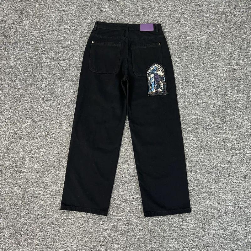 Men's Jeans High Street Trend Derschutze Black Patchwork Patterns Loose Wide-leg Pants Men Women All-match