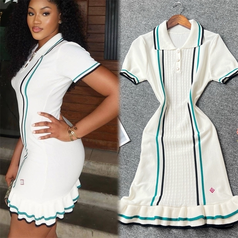 YuooMuoo Women Dress 2025 Summer Vintage Turndown Collar Knitted Mini Lady Slim Elastic Ruffled Bodycon Party Robes y250828