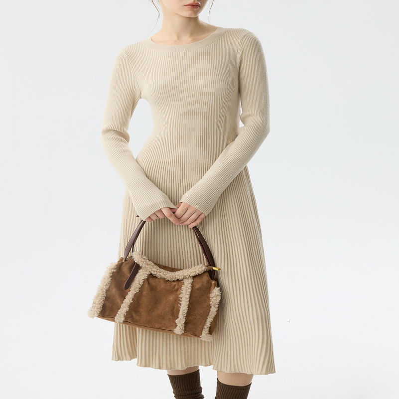 FSLE Women Knitted Dress Office Lady Winter Long Knee Length Slim Fit Knit for Woolen Casual Loose 24FS14603 250828