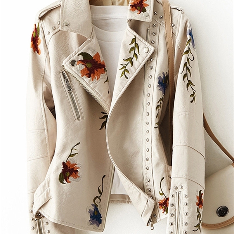 Women Rivet Floral Embroidery Coat Lady Moto Biker Black Punk Leather Jacket Faux PU Leather Outerwear 250828