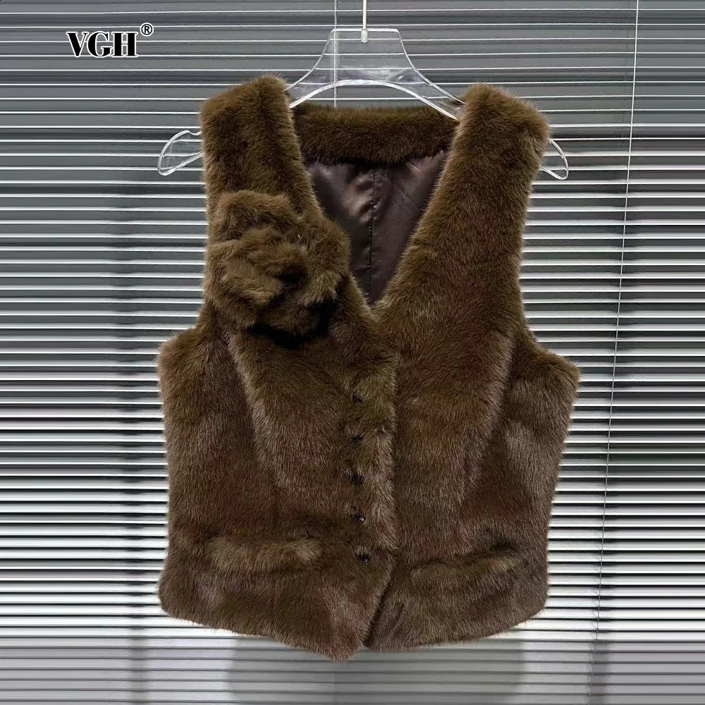VGH Spliced 3D Flower Pin with Fur Vest for Women V Neck Sleeveless Patchwork Single Breasted Solid Waistcoat Female Spring 250828