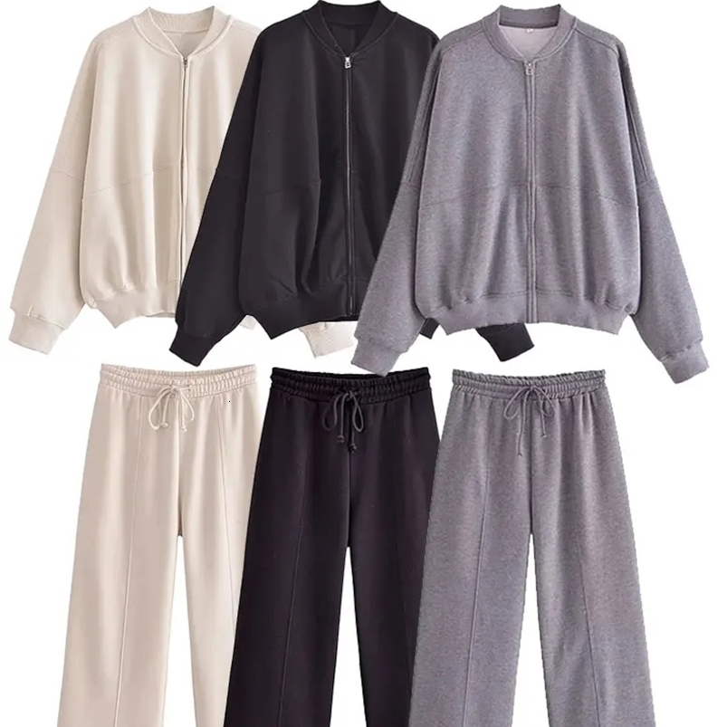 TRAFZA Women Solid Pant Sets Zipper Long Sleeve Coat Bomber Jacket Drawstring High Waist Trousers Fashion Streetwear Suit250828