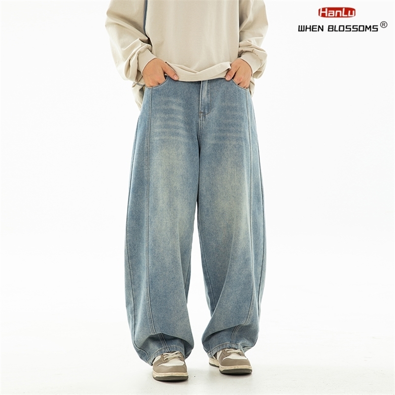 HANLU 2025 Spring Mens Retro Washed Oversized Jeans Split Structure Curved Trousers from Trendy Loose and Stylish250828