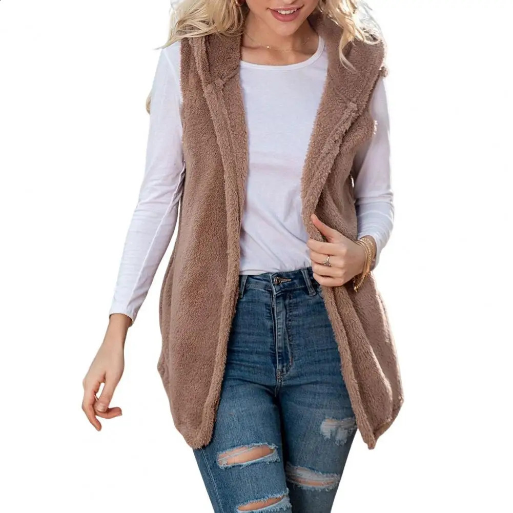 Faux Fur Vest Autumn Womens Solid Color Sleeveless Hooded Winter Vest Mid Length Cardigan with Faux Fur Waistcoat Daily Wear 250828