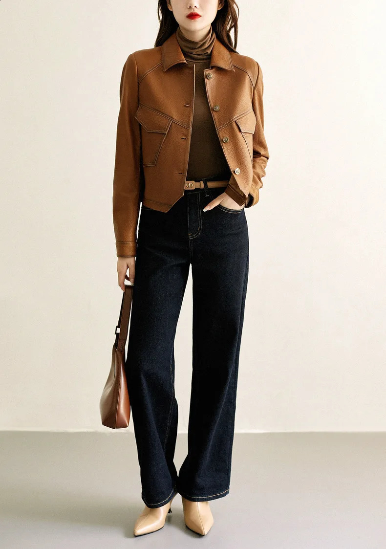 Spring autumn fashion womens short coat lapel long sleeve motorcycle street pu leather jacket 250828
