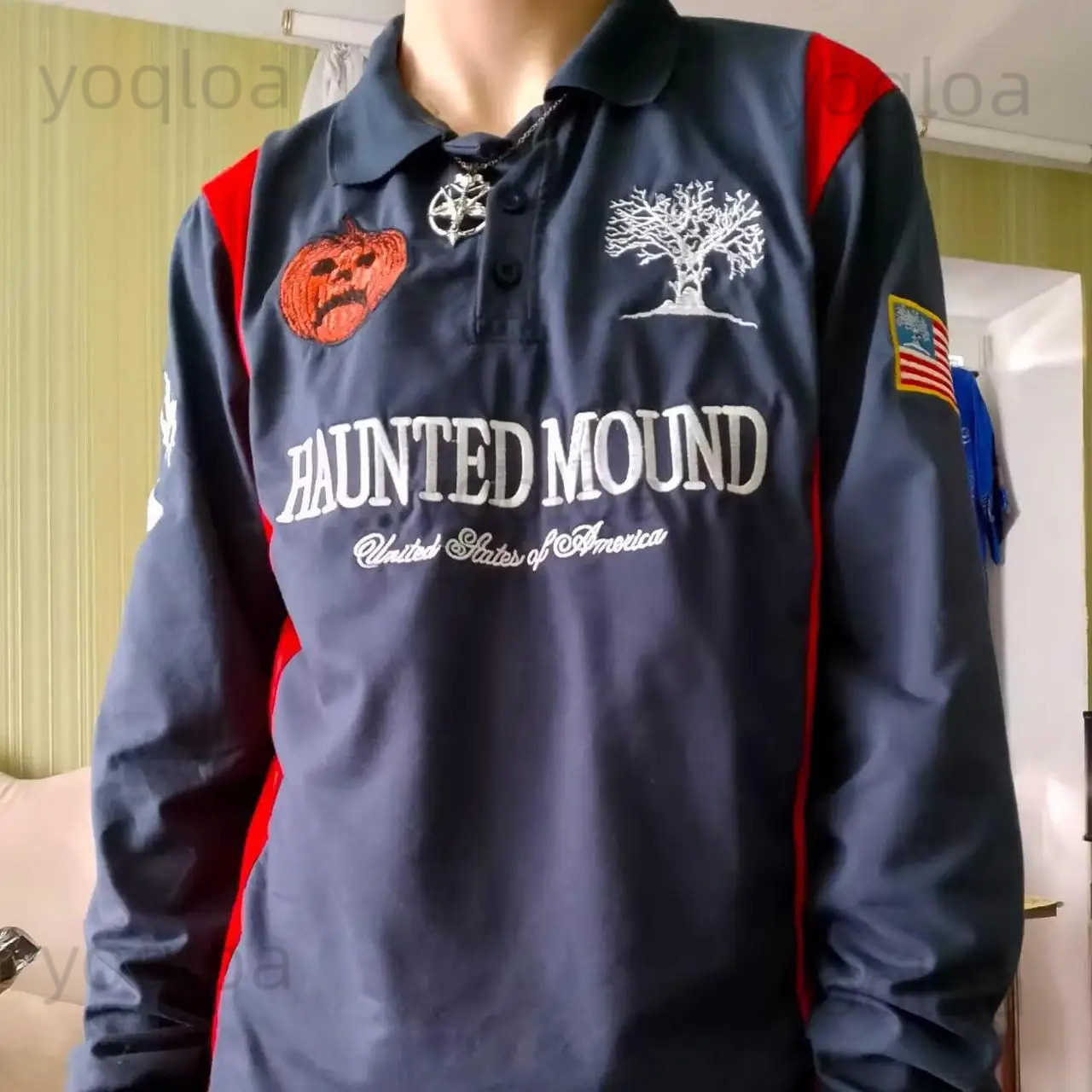Haunted Mound Men Retro Long Slve Polo Shirt Y2k Casual America Patchwork Pattern Embroidery T Shirts Strt Sweatshirt Jersey T250829