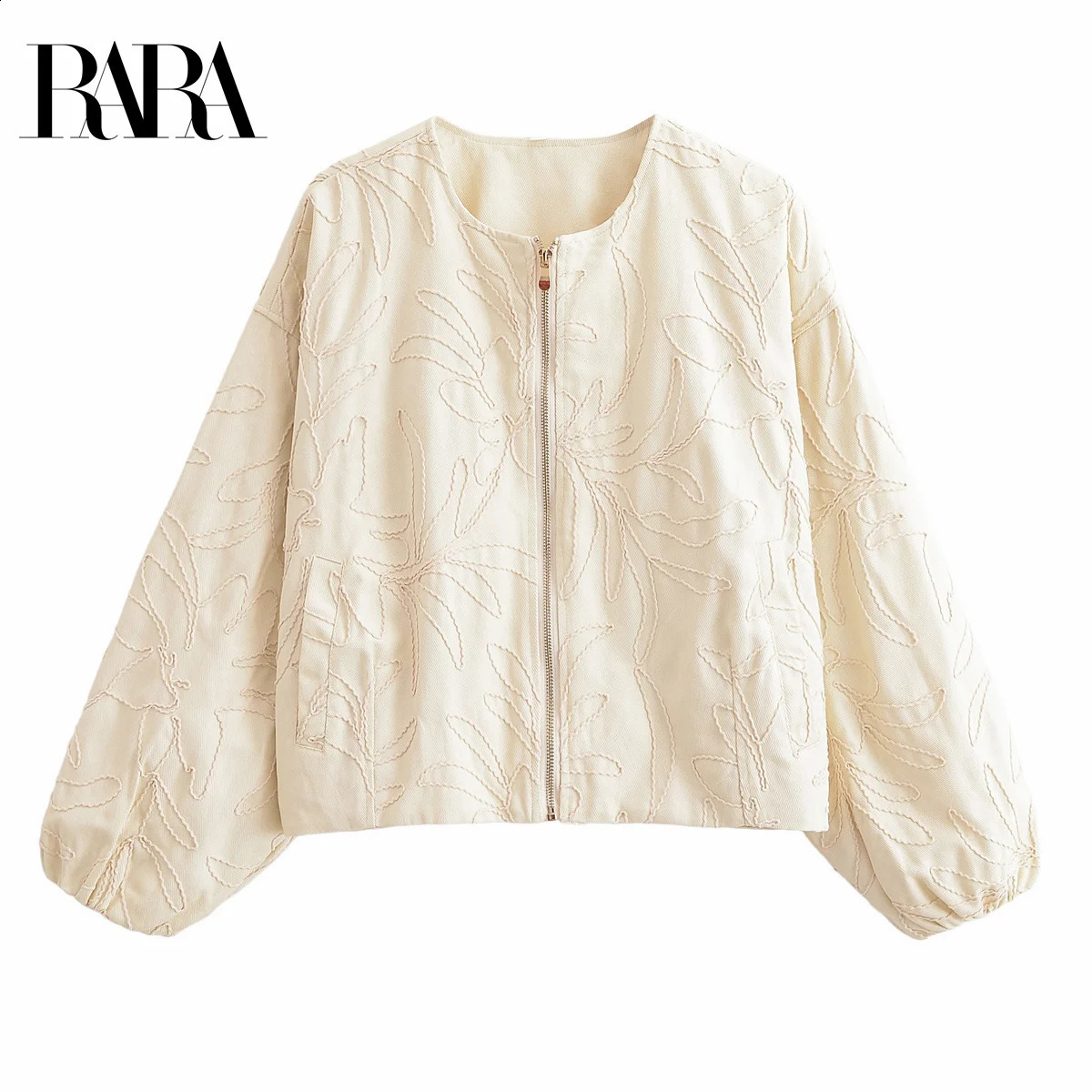 RARA 2025 Womens Cropped Jacket with Floral Embroidery and Puff Sleeves Zipper front for a Trendy Look250828