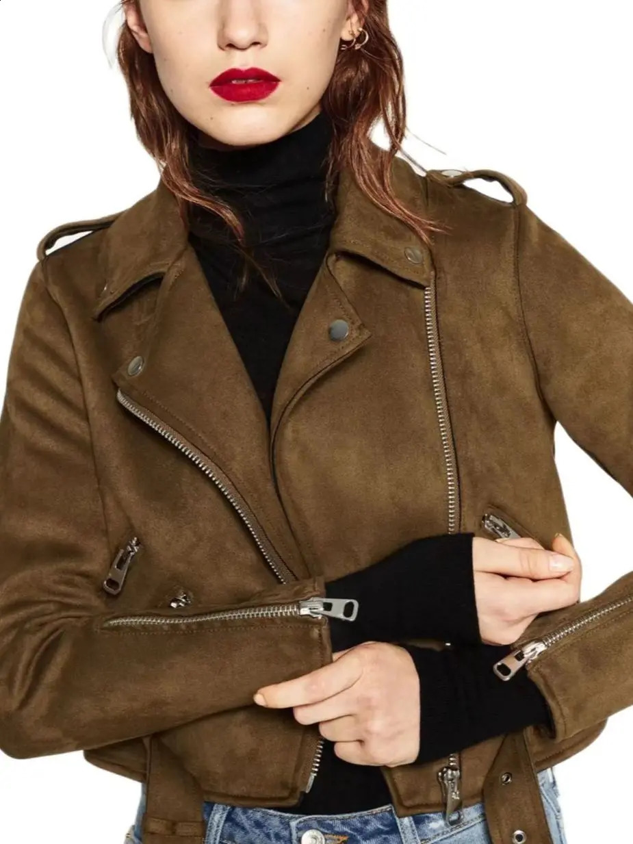 Women Vintage Autumn Winter Thick Fake Suede Faux Leather Jackets Belt Lady Matte Moto Biker Coats Streetwear 250828
