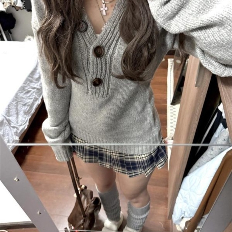 Y2k Gray Long Sleeve Sweaters Mujer 2025 Autumn Winter Knitted Pullover Fashion Slim Fit Long Sleeve Top for Women 250828