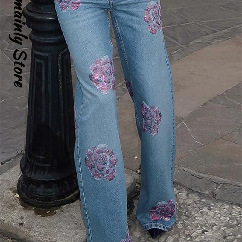 Casual Flower Shaped Rhinestones Woman Jeans Denim Low Waist Loose Straight Trousers 2025 Fashion High Street Lady Pants250828