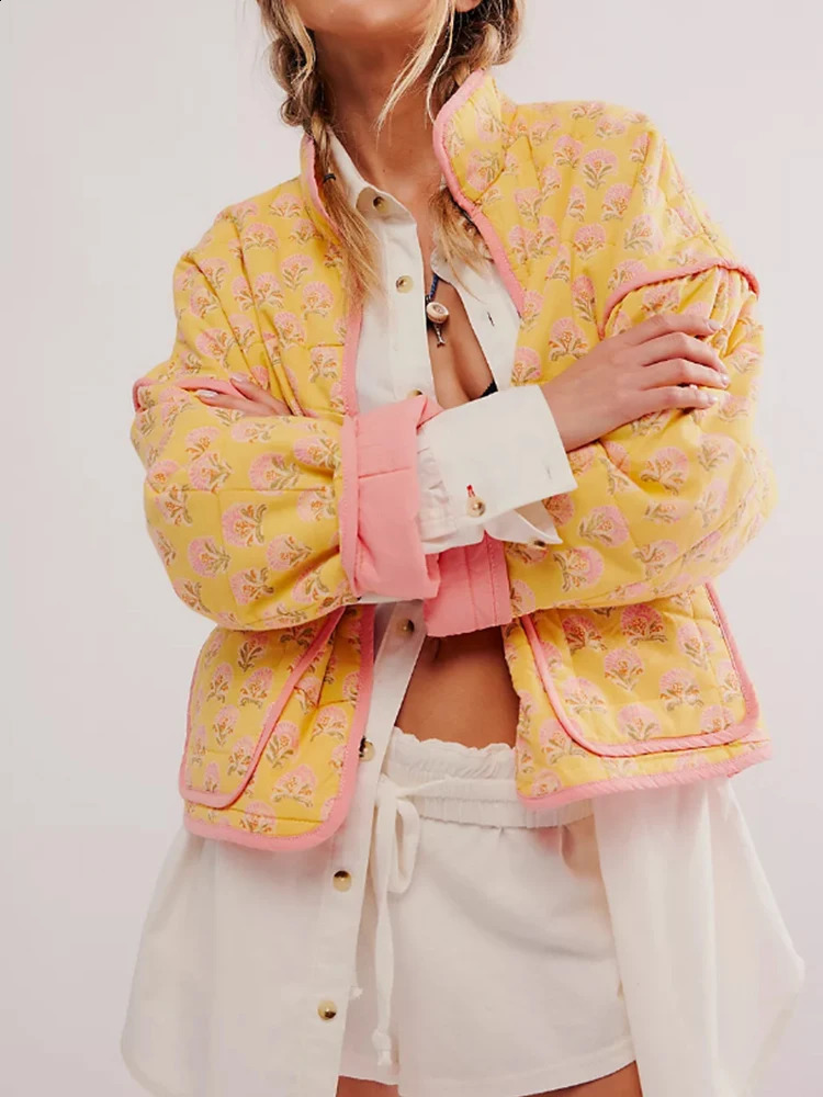 Print Quilted Cotton Jacket Women Fashion Long Sleeved High Neck Coats Female Single Breasted Loose Coat Autumn Outerwear 250823
