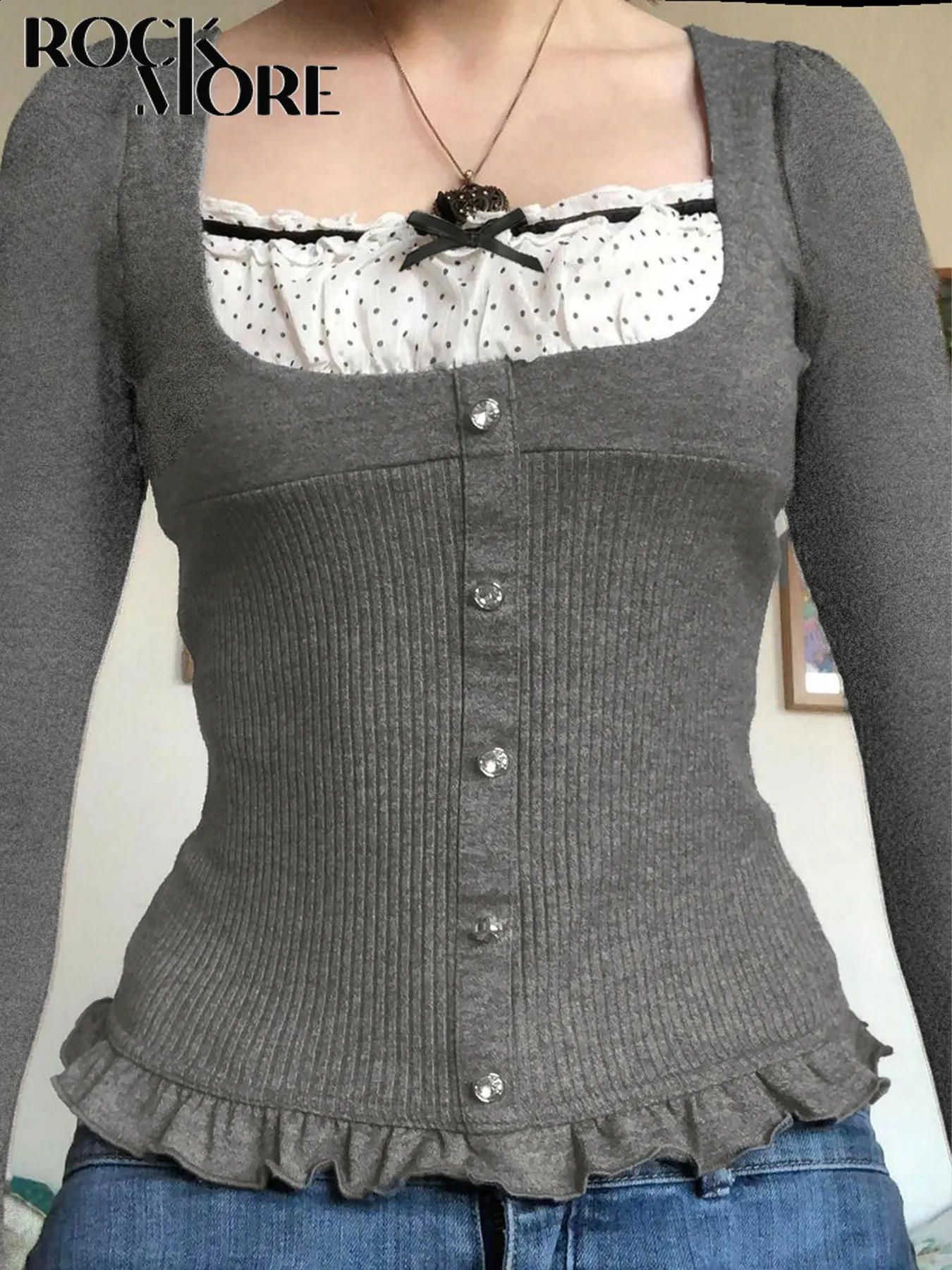 Rockmore Polka Dot Patchwork Long Sleeve Sweater Autumn Fashion Slimfit Cute Bow Top Harajuku All Match Square Neck Clothes 250828