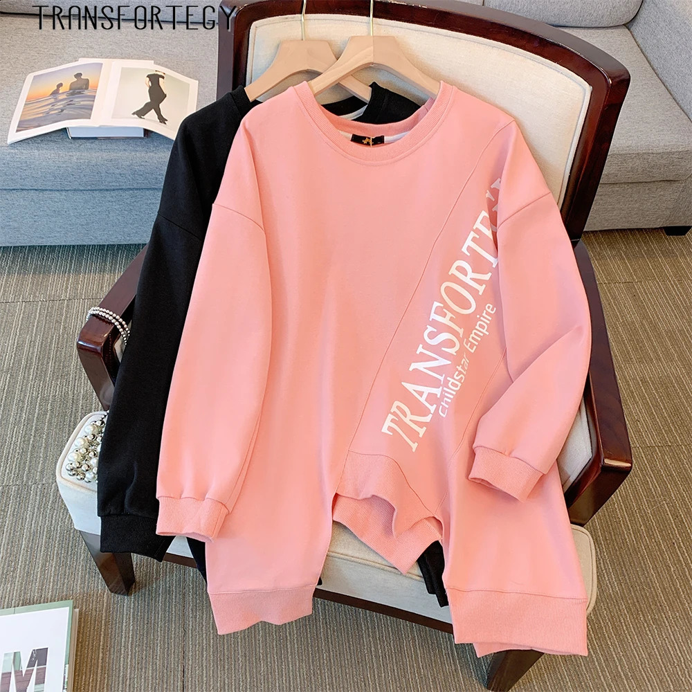 Spring/Fall Plus Size Womens Casual Hoodie Simple Loose Letter Printed Top Irregular Splicing n 2025 Womens Clothing 250828
