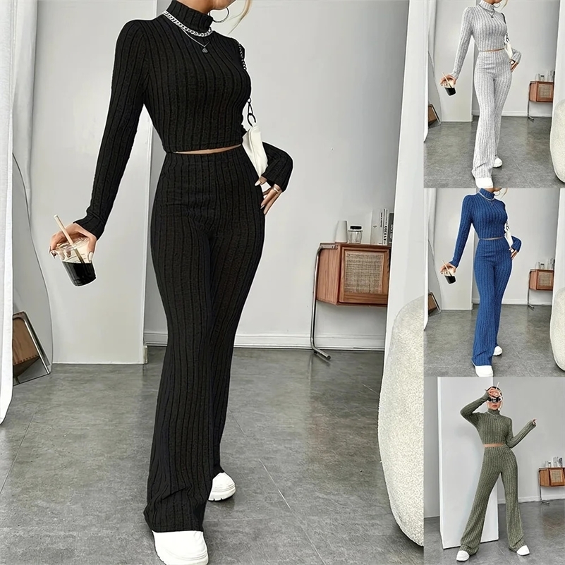 Casual Fashionable Womens Clothing 2Piece Set Pullover Knit Long Sleeve Loose Fit Trousers Suit European and American CrossBo 250828