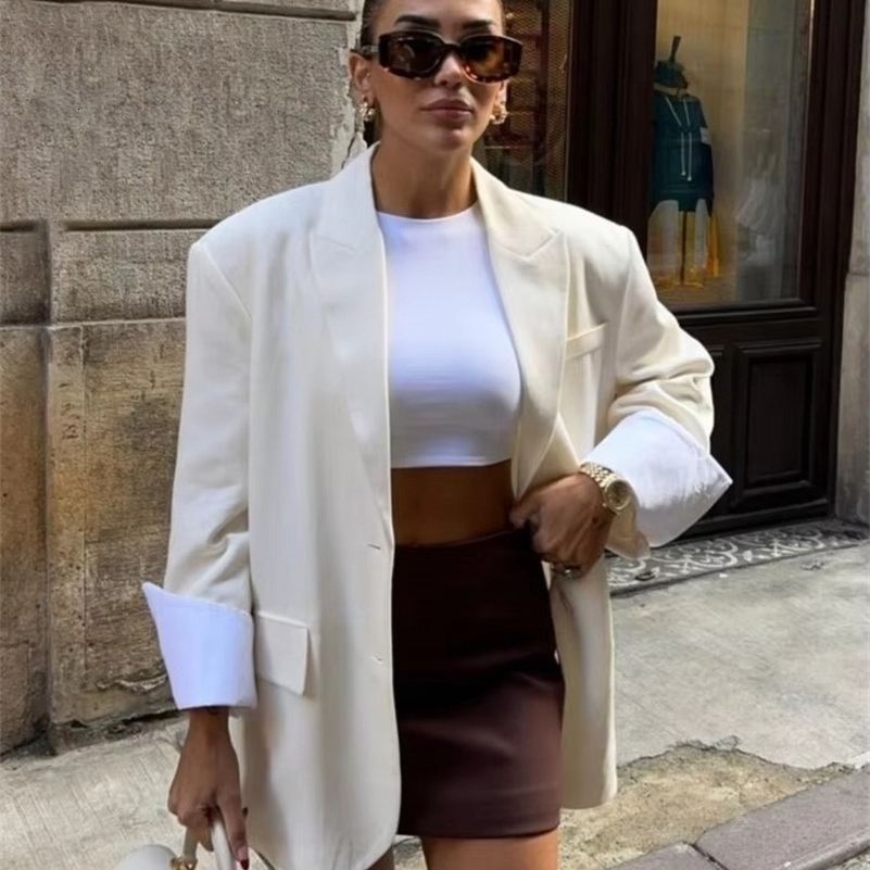 Elegant Blazer Coat For Women Fashion Pockets Lapel Oversized Suit Jackets 2025 Autumn Office Lady Casual Loose Outerwear 250828
