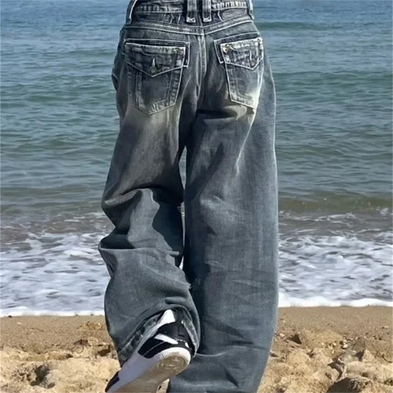 HOUZHOU Y2k 2000s Vintage Baggy Jeans Woman Harajuku Streetwear Oversize Denim Pants Korean Style Gyaru Grunge Hip Hop Trousers250828ww