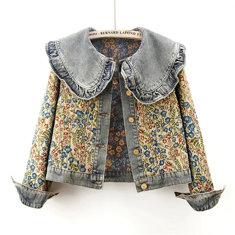 Spring Autumn Jacquard Embroidery Denim Jacket Women Loose Short Cow Outerwear Casual Peter Pan Collar Jeans Jacket Female 250828