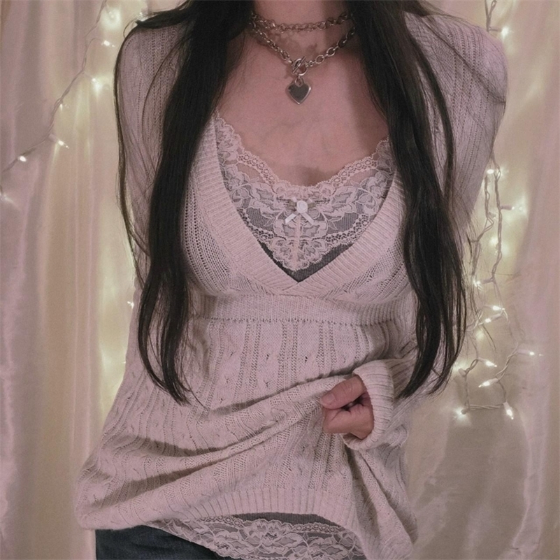 Fairycore Y2K Grunge Vintage Knitted Sweater Chic Women 90s Vintage V Neck Pullovers Aesthetics Retro Cute Jumpers Knitwear 250828