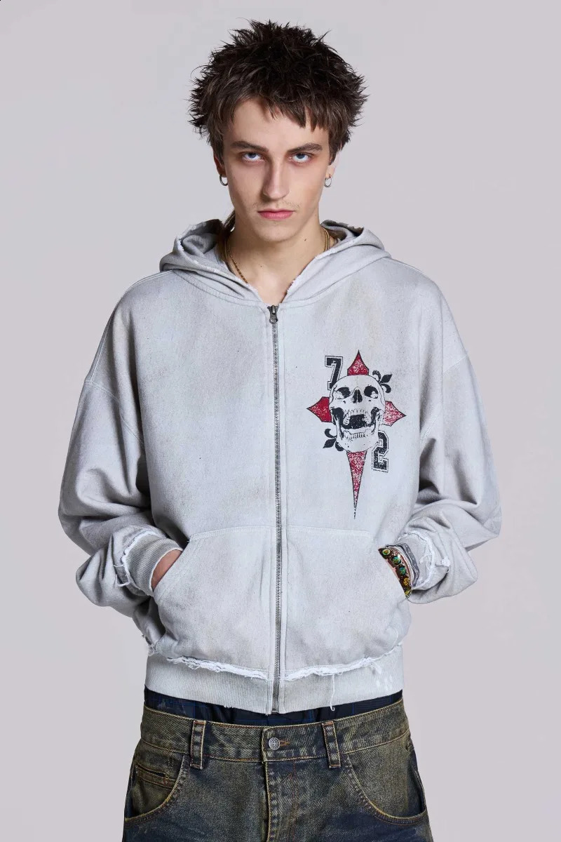 Y2K American Retro Skull Letter Graphics Loose Fleece Zipper Hoodie Mens Harajuku HipHop Couples Casual Joker Street Wear 250828