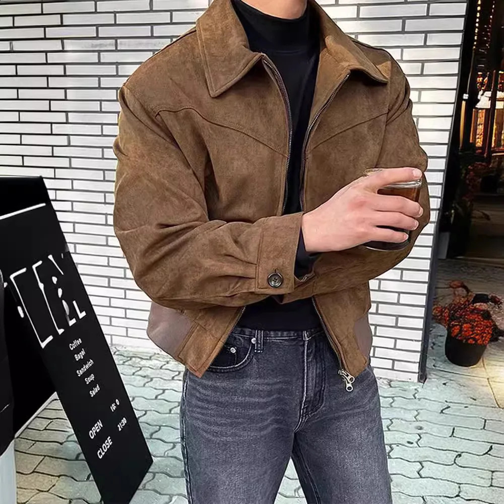 Men Jacket Single Breasted Coats Zipper Cardigan Spliced Long Sleeve Solid Outerwear High Street Loose Fit Pockets Button 250828