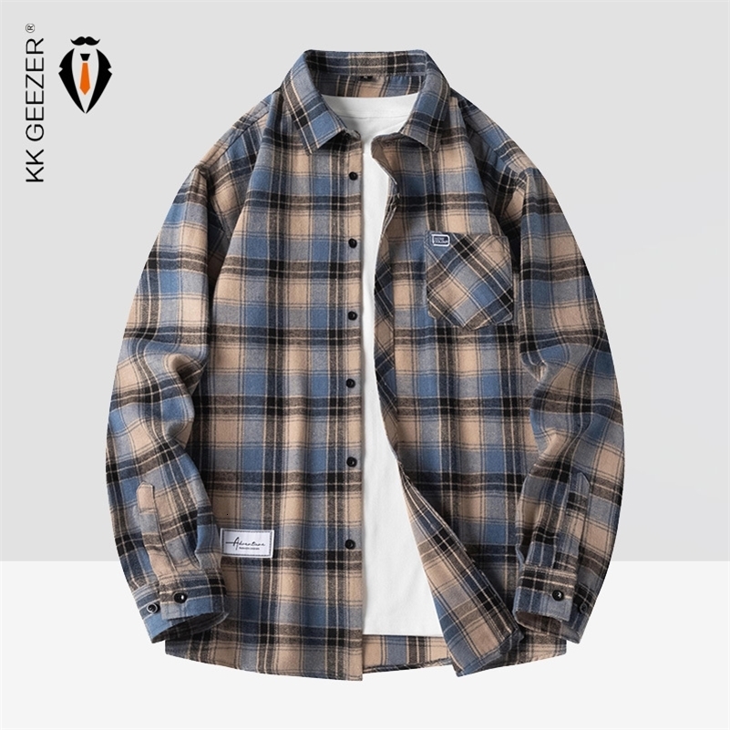 Men Shirt Plaid Flannel Spring Autumn Long Sleeve Blue Loose Mens Casual Oversized Business Male Soft Dress y250828