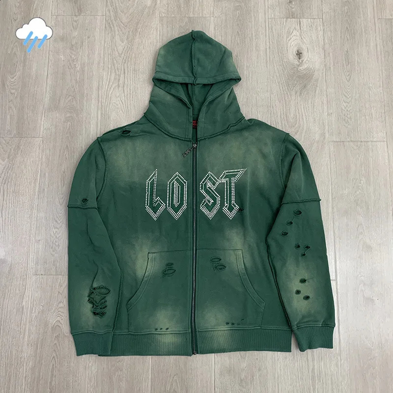 Simple Casual Flash Diamond Letters Lost Intricacy Zipper Hoodie Hooded Men Women Washed Green Damaged Hole Coats Loose 250828