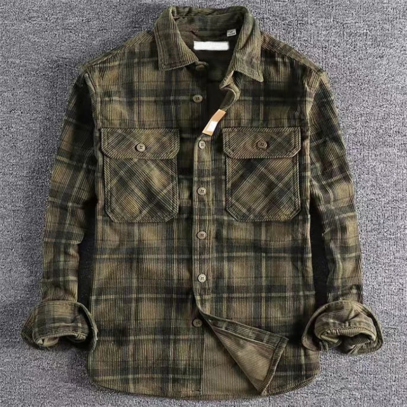 Japanese Vintage Mens Plaid Long Sleeve Shirt Spring Autumn Fashion Comfortable Corduroy Artistic Trendy Classic Shirts Tops y250828