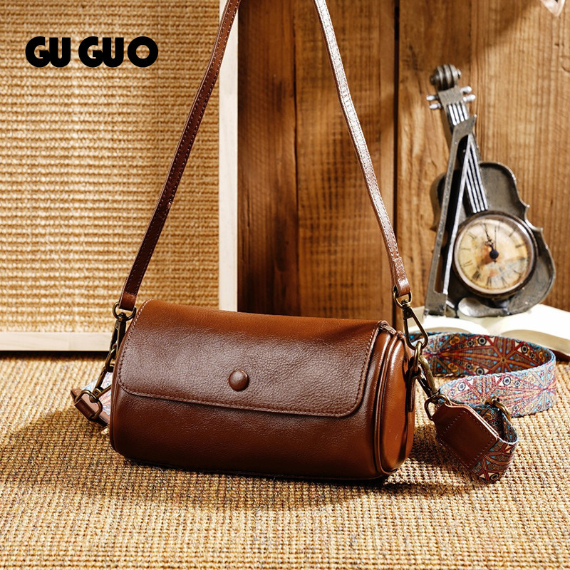 Free Shipping New Designer Bag Small Cat Hair Flakes Charcoal Top Layer Cowhide Cylinder Bag Retro Fashion Single Shoulder Crossbody Bag 2025 Genuin