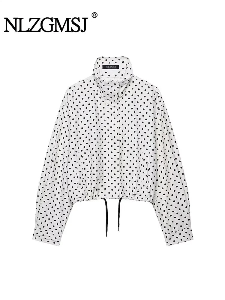 NLZGMSJ Womens Polka Dots Short Jacket Womens Stand Collar Zipper Top Short Set Female Casual Loose Coat250828