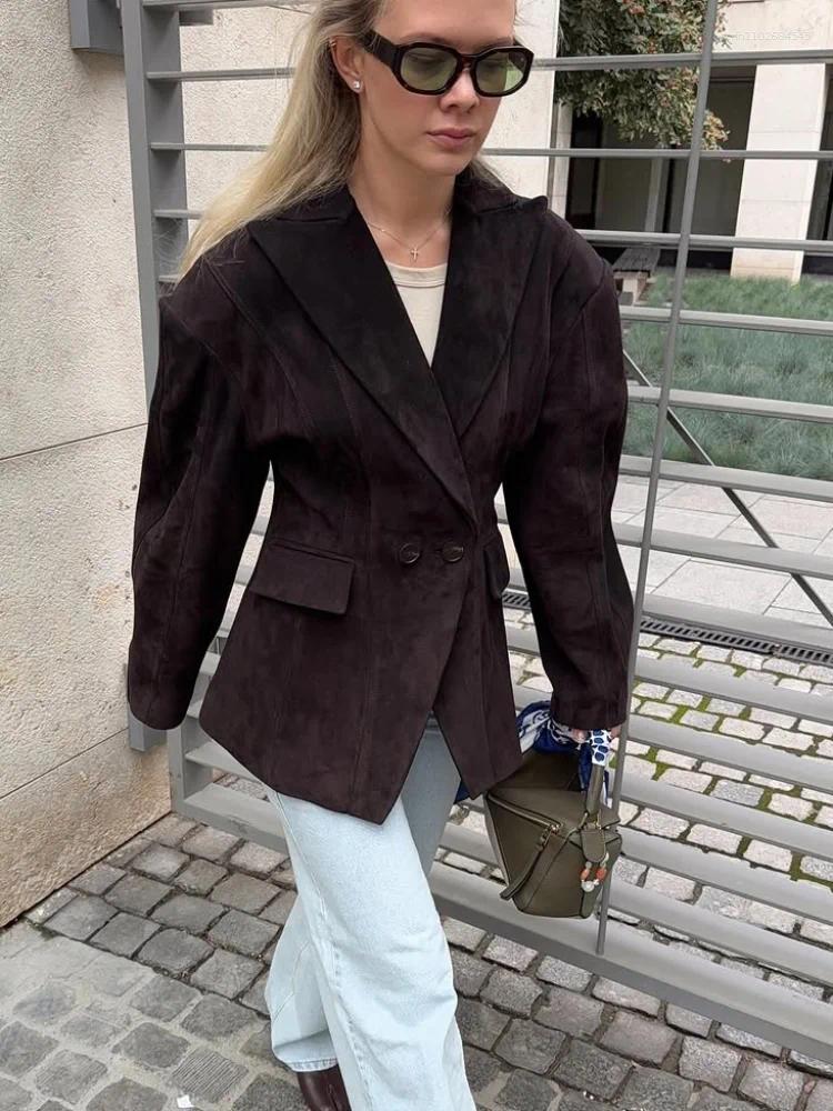 Women's Jackets Fashion Dark Brown Suede Jacket Casual Stand Collar Double Breasted Female Coat Lady 2025 Autumn Chic Street Outerwear