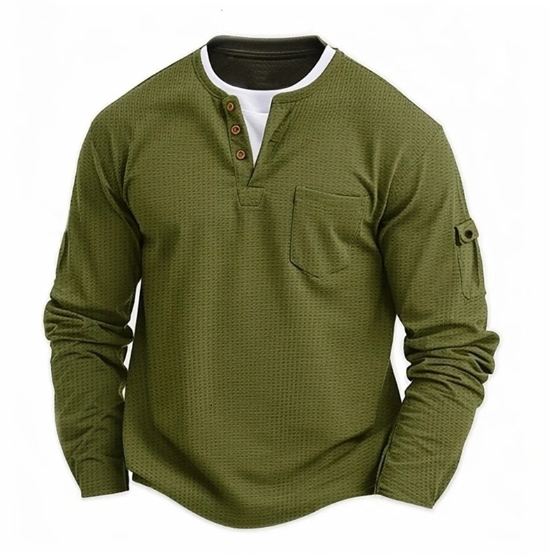 Mens Button Henley neck Shirt Long Sleeve Casual Button Solid color TShirt Fashion Waffle Cotton Fake twopiece TShirt250828ww