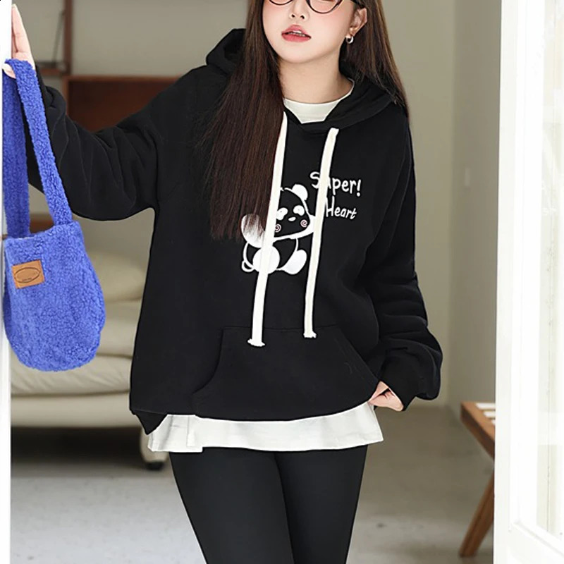 Plus Size Womens Hoodies Premium Thick Drawstring Hooded Sweatshirt Cartoon Panda Print Fleecelined Autumn Winter 2025 250828