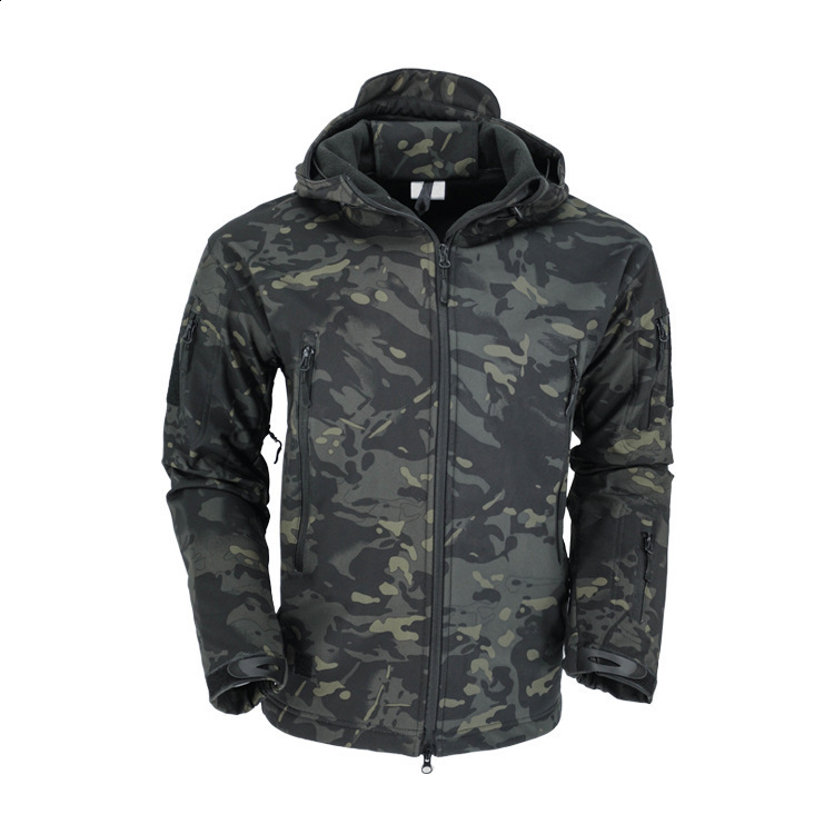 Mens silent soft shell camouflage tactical jacket waterproof and warm wool hunting jacket outdoor hiking and fishing hooded jacket 241009