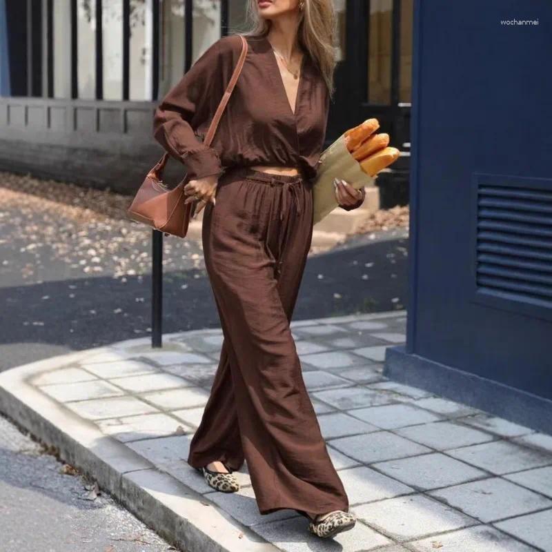 Women's Two Piece Pants Fashion Casual Clothing 2025 Spring/summer Style Long Sleeved V-neck Top With Elastic Thin Band Set